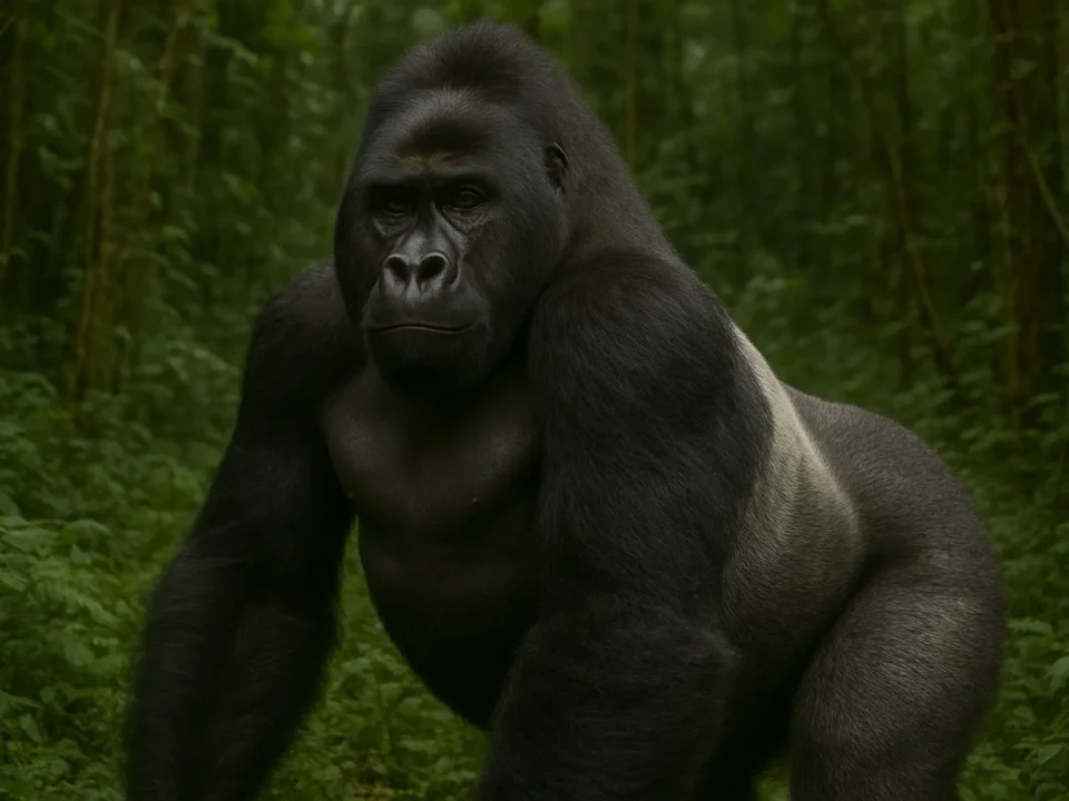 Magnificent silverback gorilla standing proudly in the lush green mountains of Bwindi National park, Uganda