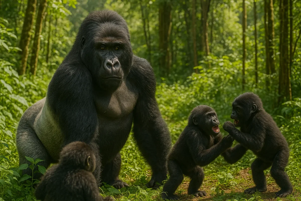 A silverback gorilla observing his family, including infants demonstrating social bonding within the troop