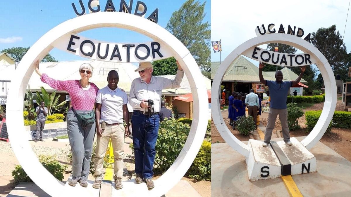 USA Tourists and Kuzora Safari Tours guide posing at the Uganda Equator line monument in Kayabwe along Masaka road heading for gorilla trekking in Bwindi Impenetrable National Park