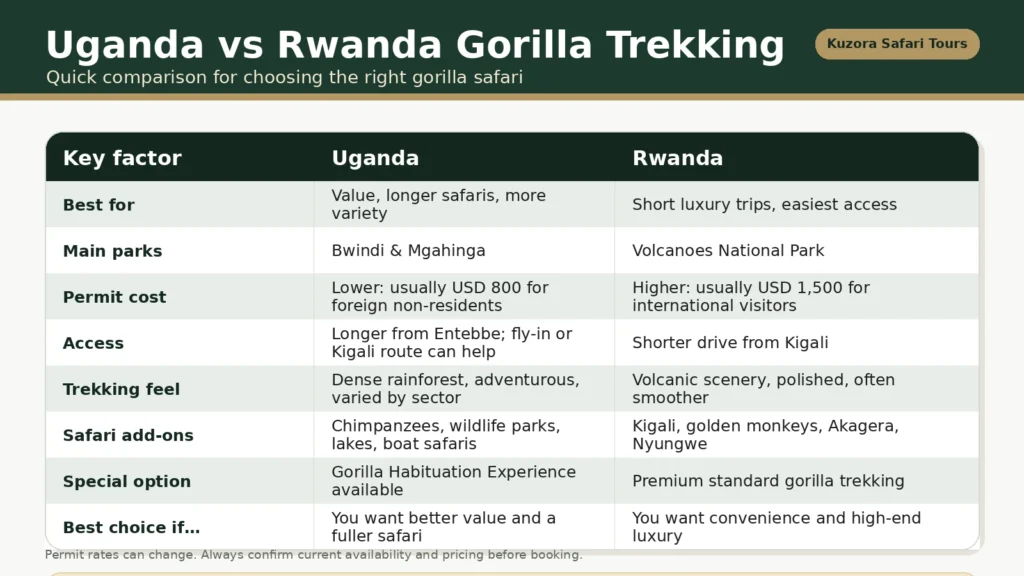 Uganda vs Rwanda Gorilla Trekking Quick Comparison Chart